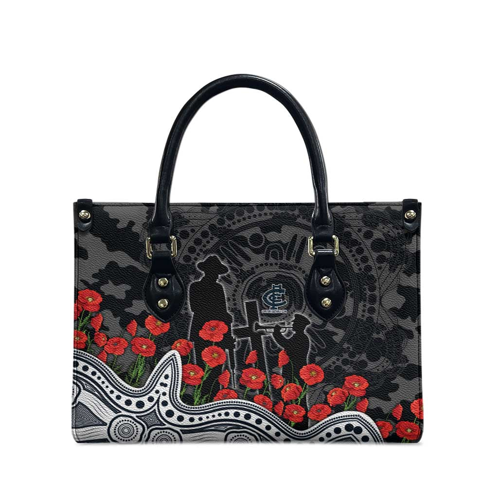 Carlton Blues ANZAC Day Leather Bag Indigenous Dot Art with Poppy Flower Tribute