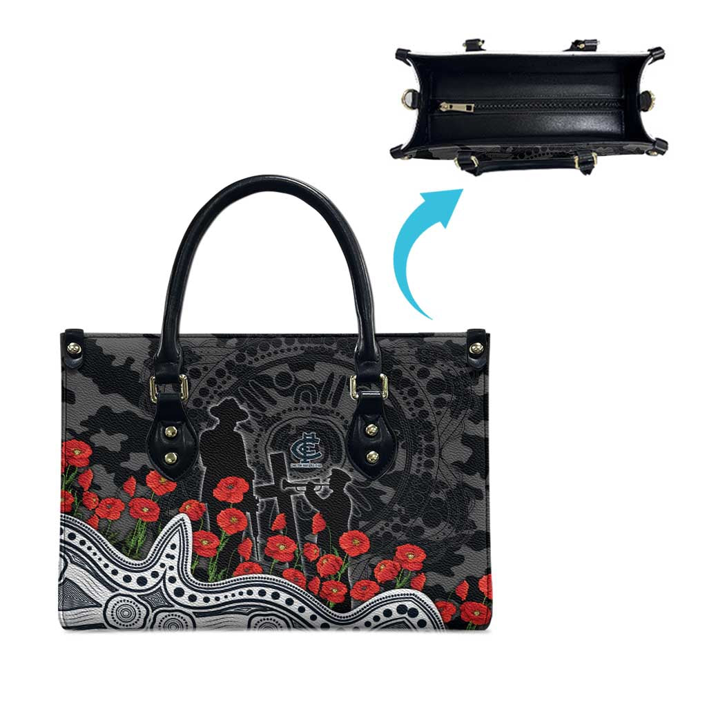 Carlton Blues ANZAC Day Leather Bag Indigenous Dot Art with Poppy Flower Tribute