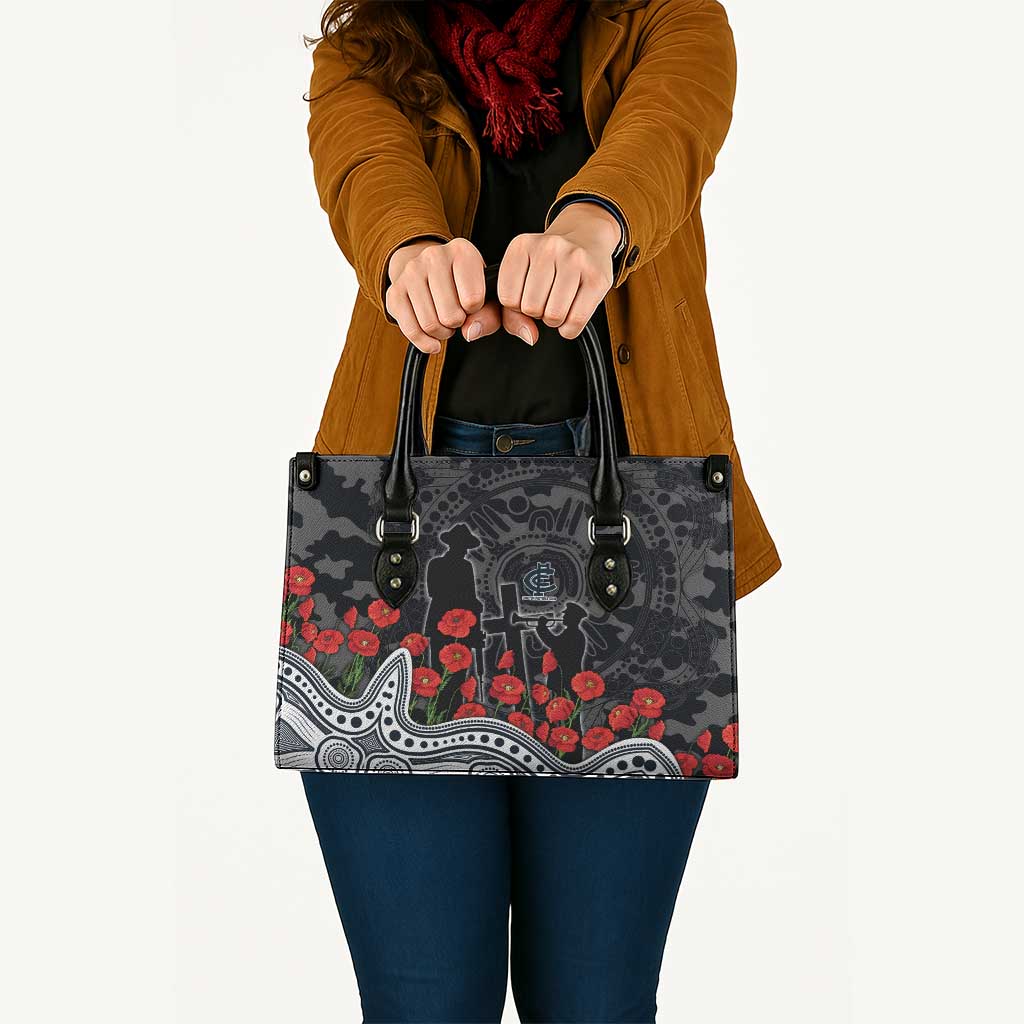 Carlton Blues ANZAC Day Leather Bag Indigenous Dot Art with Poppy Flower Tribute