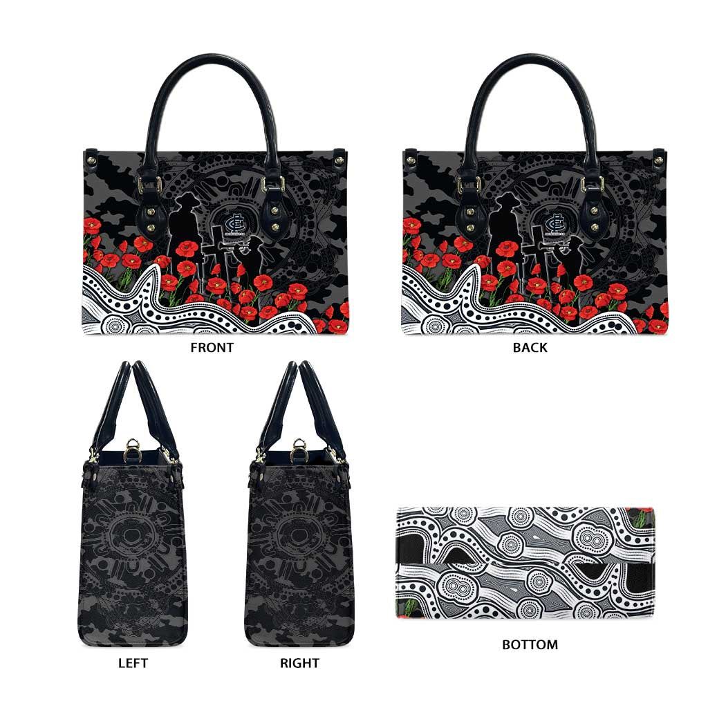 Carlton Blues ANZAC Day Leather Bag Indigenous Dot Art with Poppy Flower Tribute