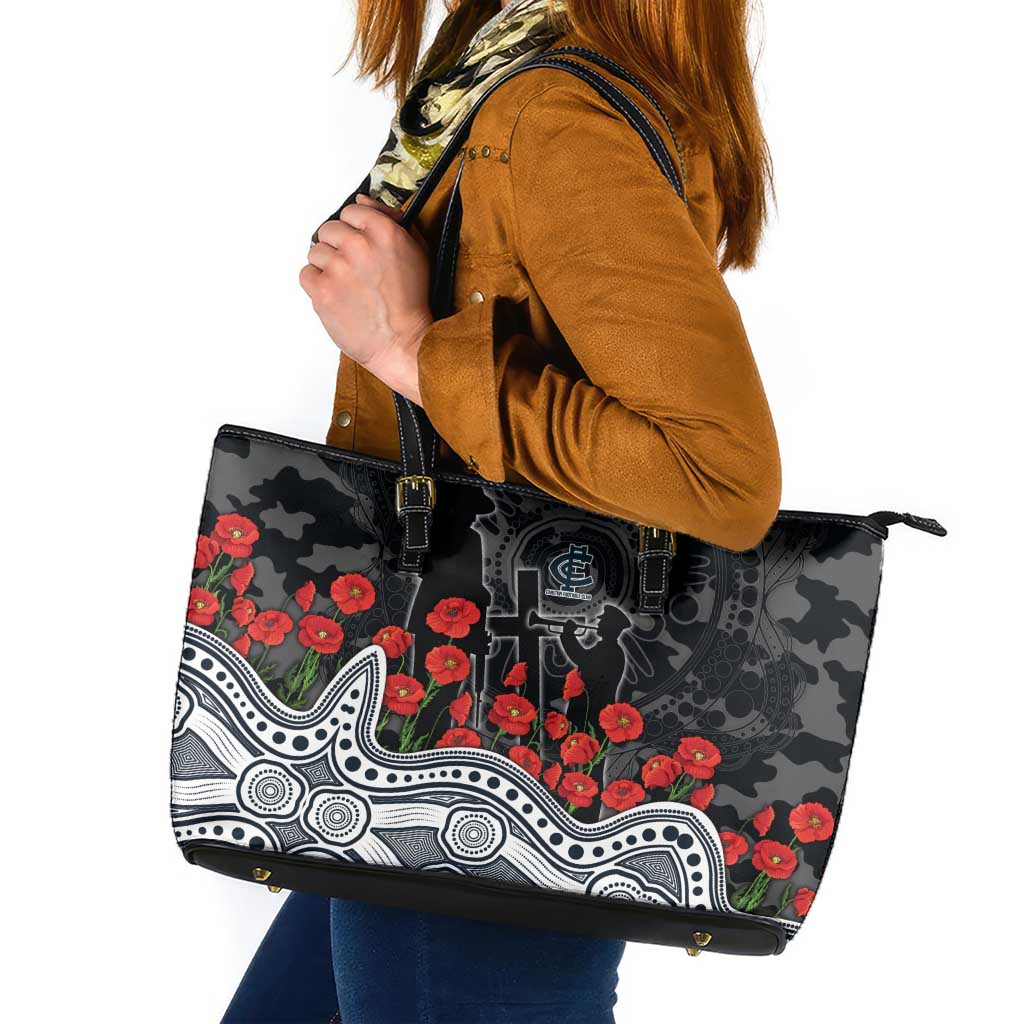 Carlton Blues ANZAC Day Leather Tote Bag Indigenous Dot Art with Poppy Flower Tribute