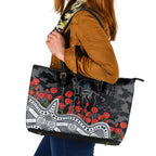 Carlton Blues ANZAC Day Leather Tote Bag Indigenous Dot Art with Poppy Flower Tribute