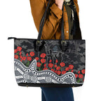 Carlton Blues ANZAC Day Leather Tote Bag Indigenous Dot Art with Poppy Flower Tribute