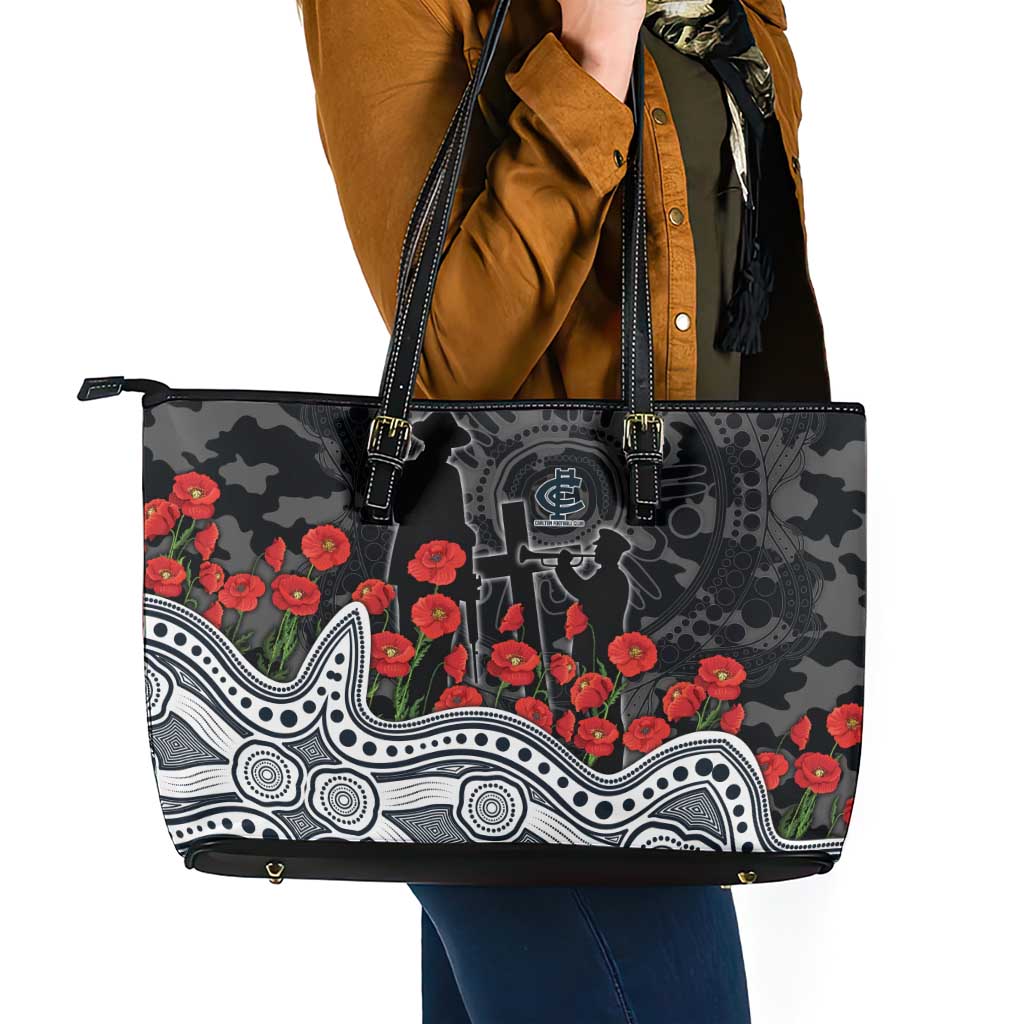 Carlton Blues ANZAC Day Leather Tote Bag Indigenous Dot Art with Poppy Flower Tribute