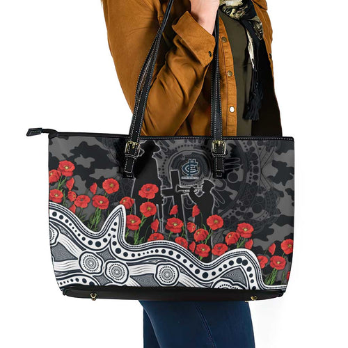 Carlton Blues ANZAC Day Leather Tote Bag Indigenous Dot Art with Poppy Flower Tribute
