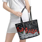 Carlton Blues ANZAC Day Leather Tote Bag Indigenous Dot Art with Poppy Flower Tribute