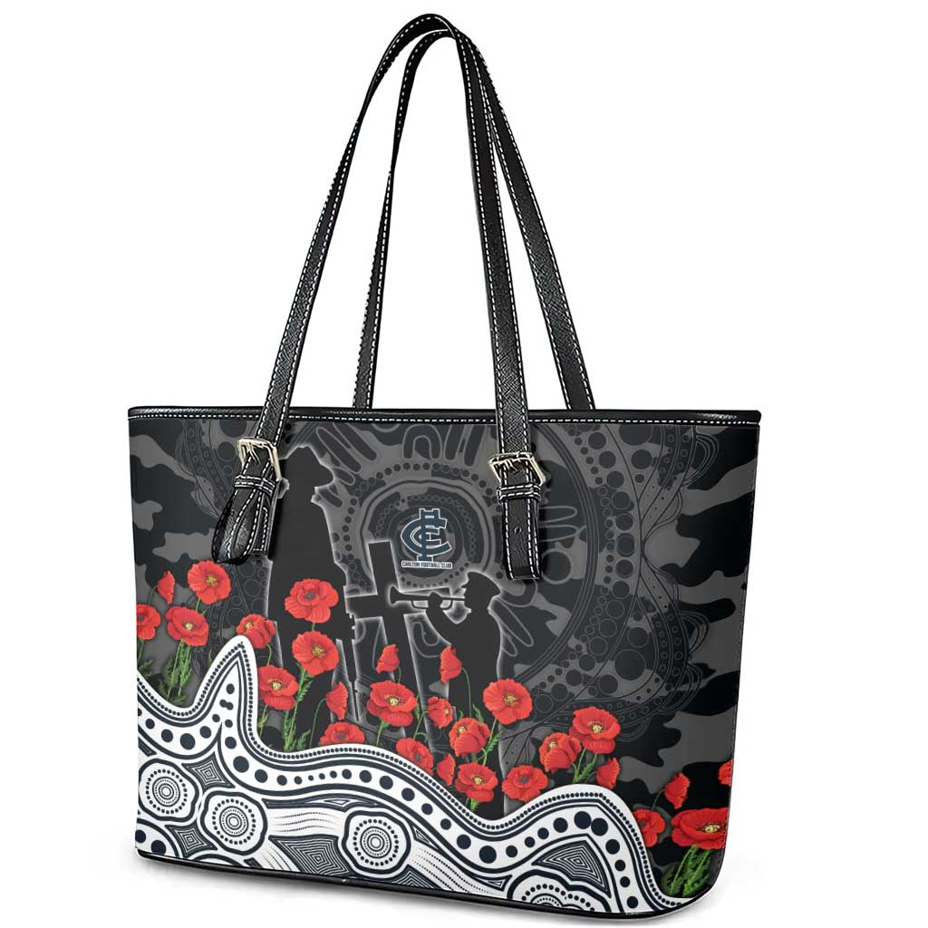 Carlton Blues ANZAC Day Leather Tote Bag Indigenous Dot Art with Poppy Flower Tribute