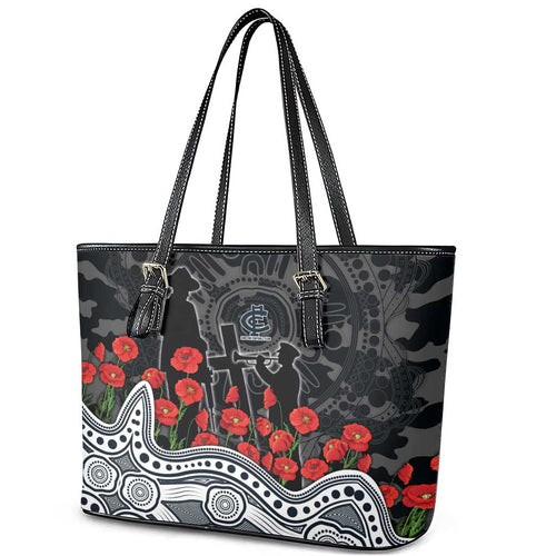 Carlton Blues ANZAC Day Leather Tote Bag Indigenous Dot Art with Poppy Flower Tribute