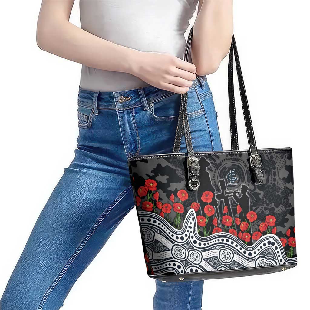 Carlton Blues ANZAC Day Leather Tote Bag Indigenous Dot Art with Poppy Flower Tribute