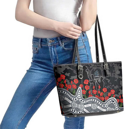 Carlton Blues ANZAC Day Leather Tote Bag Indigenous Dot Art with Poppy Flower Tribute