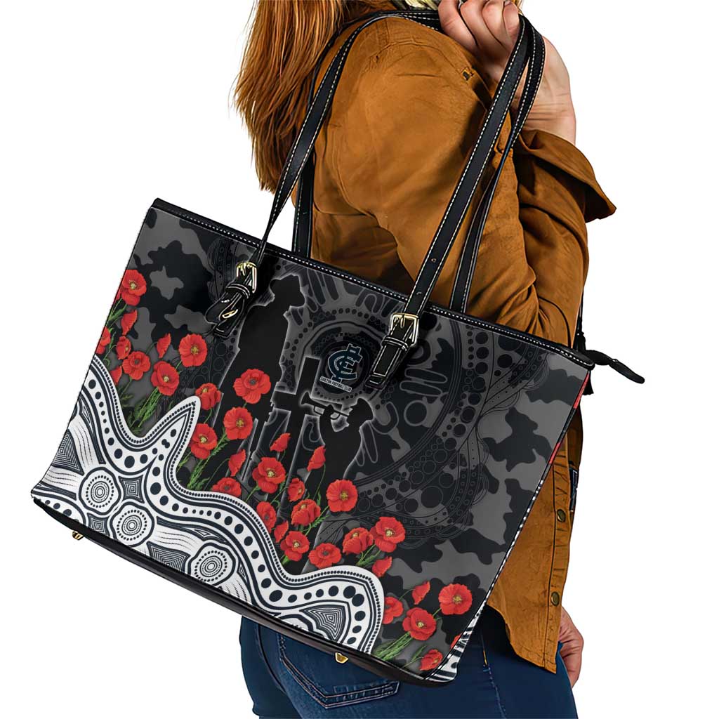 Carlton Blues ANZAC Day Leather Tote Bag Indigenous Dot Art with Poppy Flower Tribute