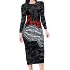 Carlton Blues ANZAC Day Long Sleeve Bodycon Dress Indigenous Dot Art with Poppy Flower Tribute