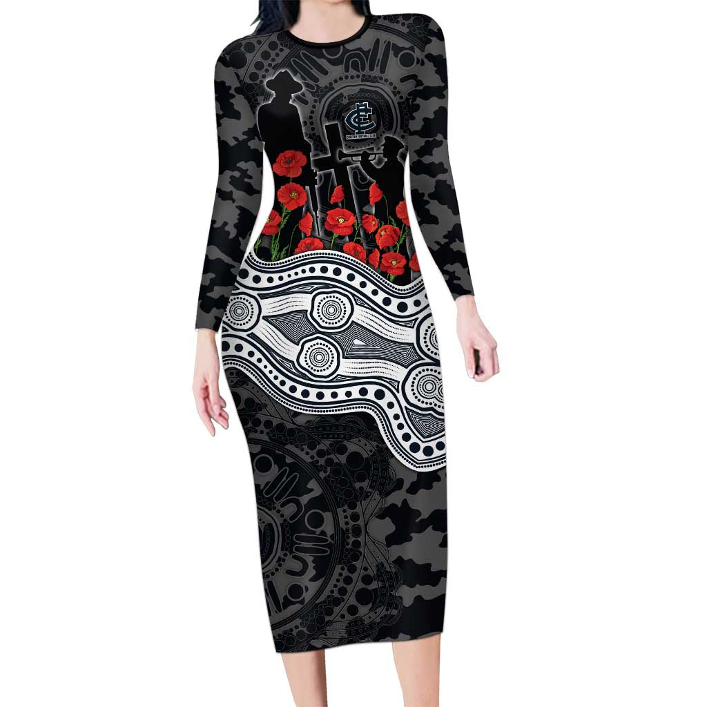 Carlton Blues ANZAC Day Long Sleeve Bodycon Dress Indigenous Dot Art with Poppy Flower Tribute