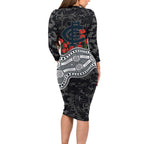 Carlton Blues ANZAC Day Long Sleeve Bodycon Dress Indigenous Dot Art with Poppy Flower Tribute