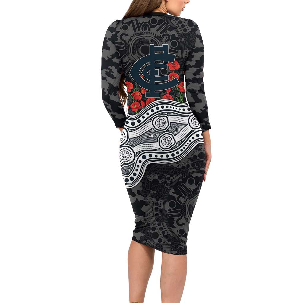Carlton Blues ANZAC Day Long Sleeve Bodycon Dress Indigenous Dot Art with Poppy Flower Tribute