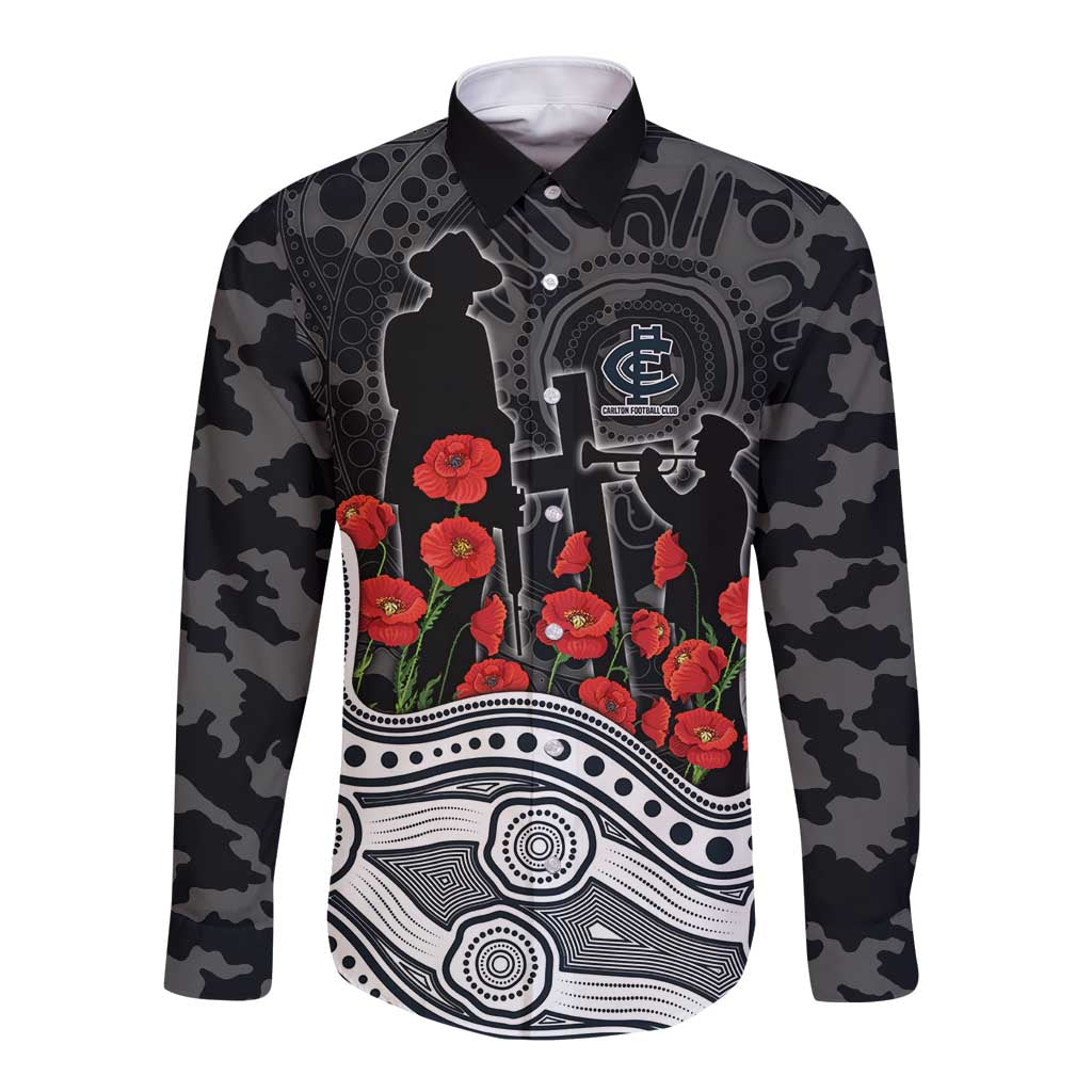 Carlton Blues ANZAC Day Long Sleeve Button Shirt Indigenous Dot Art with Poppy Flower Tribute