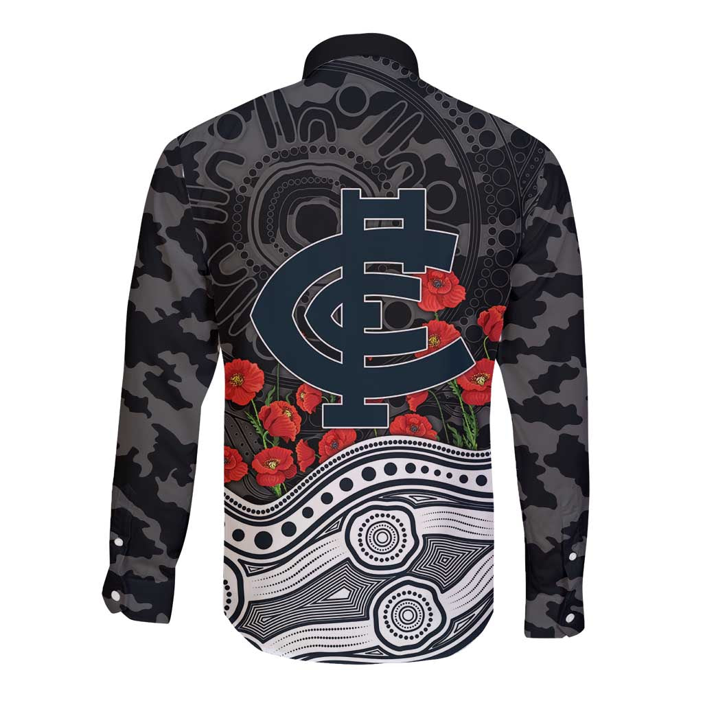 Carlton Blues ANZAC Day Long Sleeve Button Shirt Indigenous Dot Art with Poppy Flower Tribute