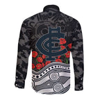 Carlton Blues ANZAC Day Long Sleeve Button Shirt Indigenous Dot Art with Poppy Flower Tribute