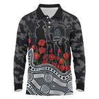 Carlton Blues ANZAC Day Long Sleeve Polo Shirt Indigenous Dot Art with Poppy Flower Tribute