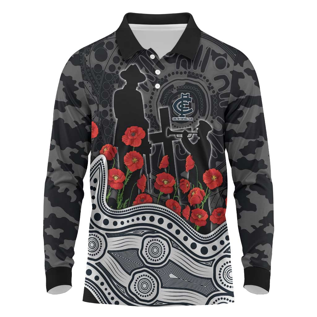 Carlton Blues ANZAC Day Long Sleeve Polo Shirt Indigenous Dot Art with Poppy Flower Tribute