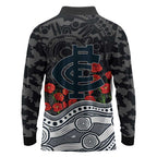 Carlton Blues ANZAC Day Long Sleeve Polo Shirt Indigenous Dot Art with Poppy Flower Tribute