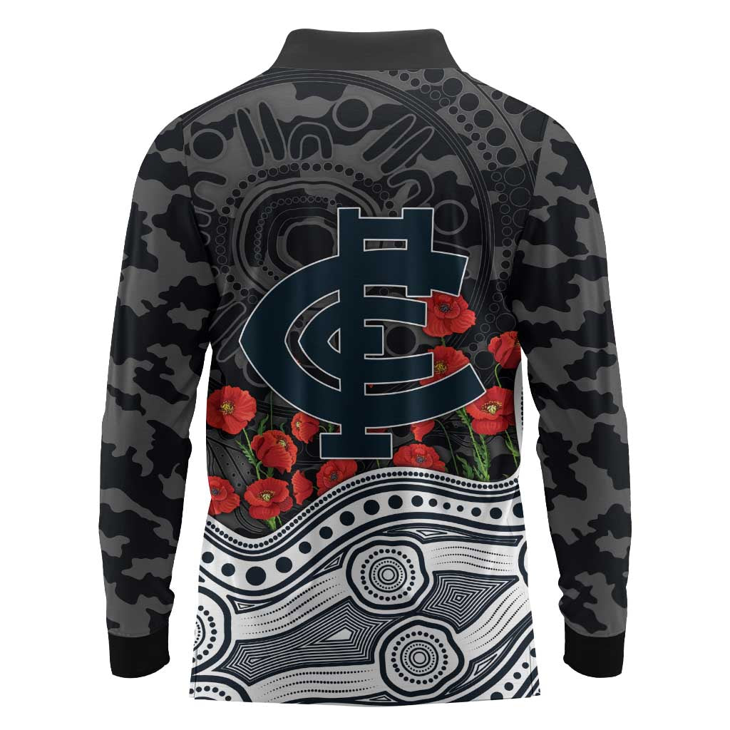 Carlton Blues ANZAC Day Long Sleeve Polo Shirt Indigenous Dot Art with Poppy Flower Tribute
