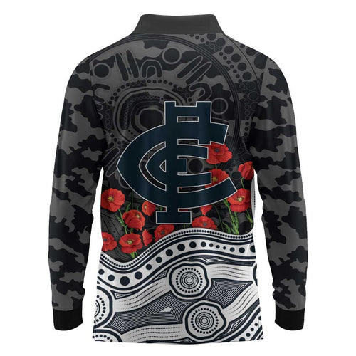Carlton Blues ANZAC Day Long Sleeve Polo Shirt Indigenous Dot Art with Poppy Flower Tribute