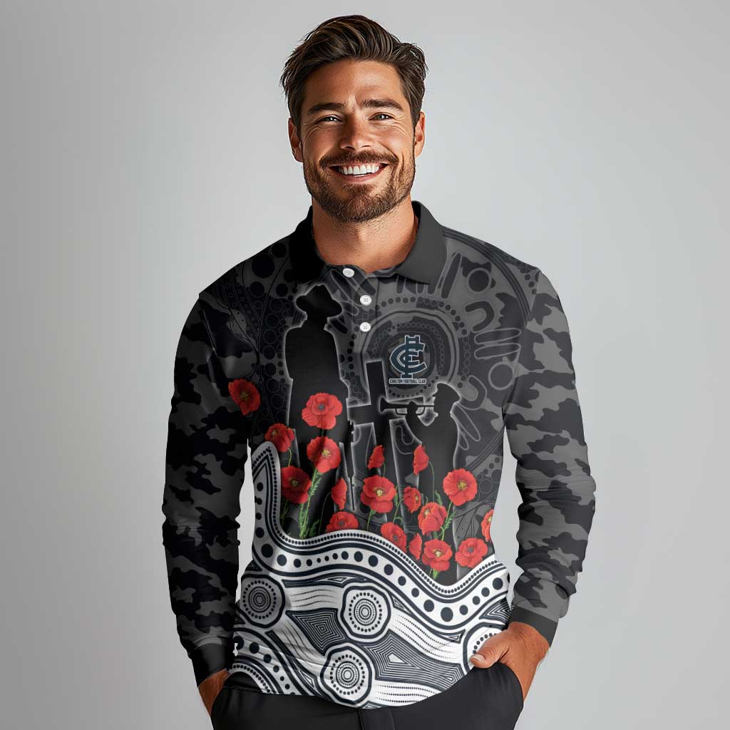 Carlton Blues ANZAC Day Long Sleeve Polo Shirt Indigenous Dot Art with Poppy Flower Tribute