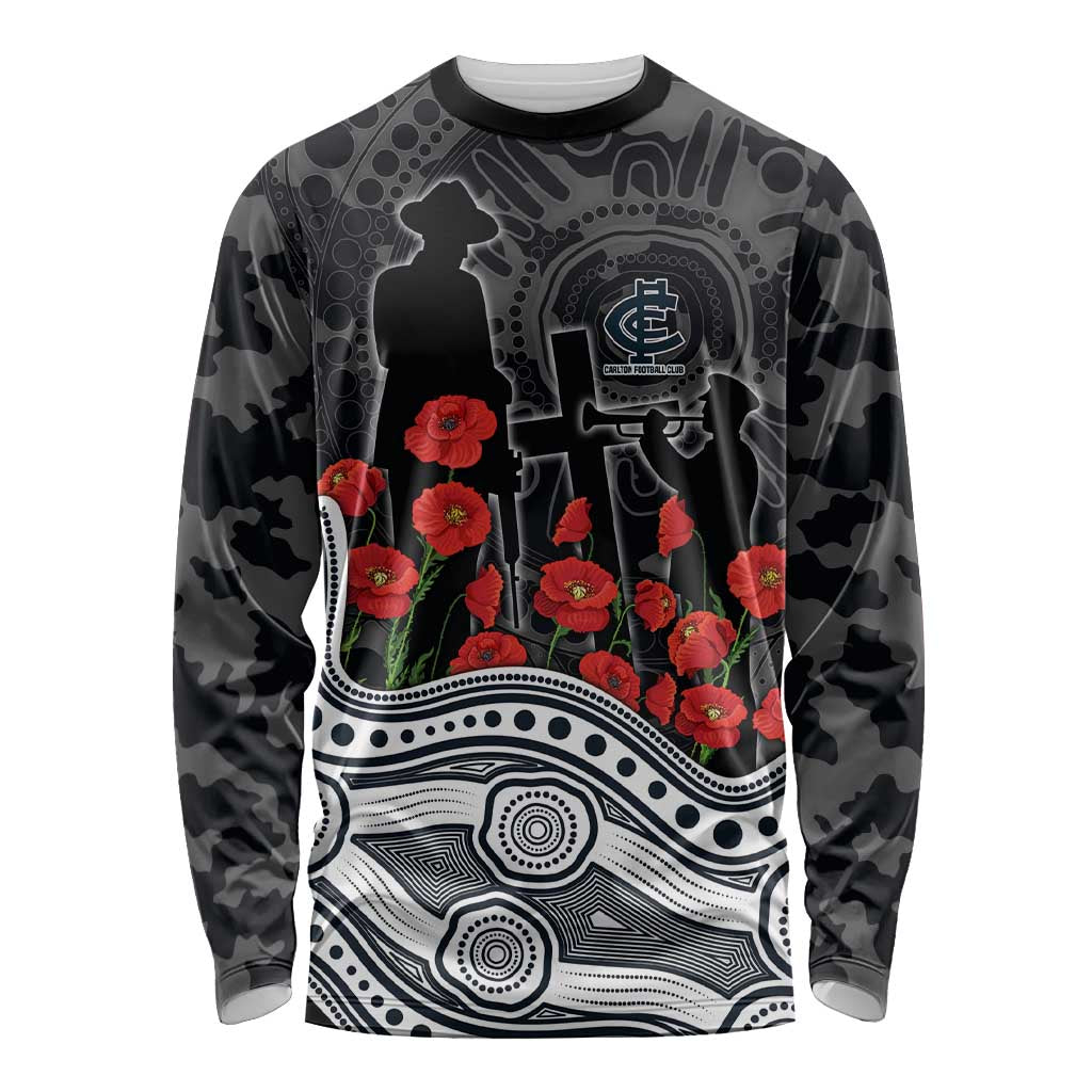 Carlton Blues ANZAC Day Long Sleeve Shirt Indigenous Dot Art with Poppy Flower Tribute