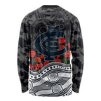 Carlton Blues ANZAC Day Long Sleeve Shirt Indigenous Dot Art with Poppy Flower Tribute