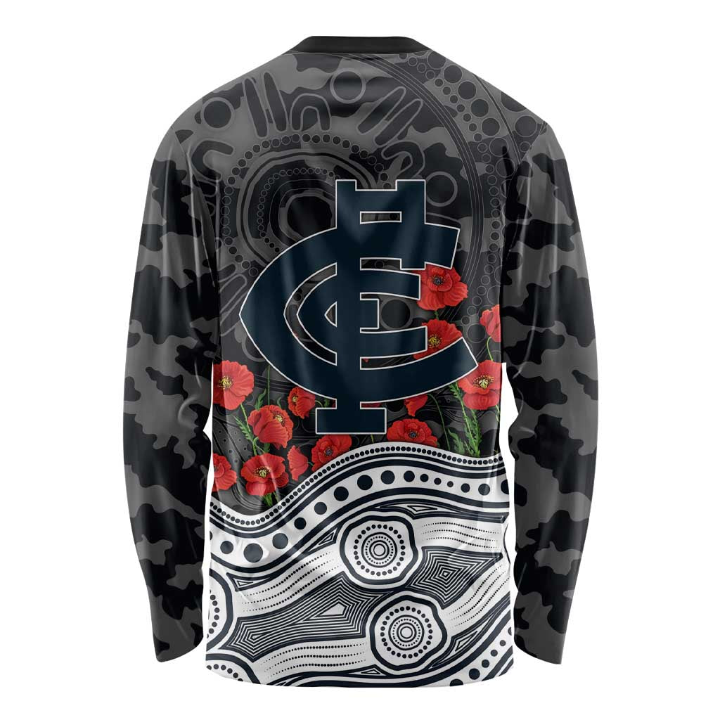 Carlton Blues ANZAC Day Long Sleeve Shirt Indigenous Dot Art with Poppy Flower Tribute