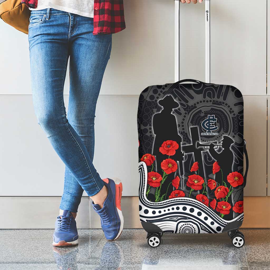 Carlton Blues ANZAC Day Luggage Cover Indigenous Dot Art with Poppy Flower Tribute