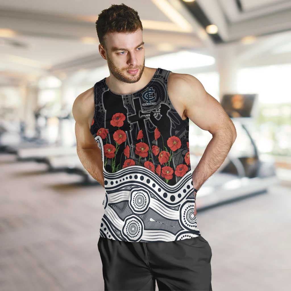 Carlton Blues ANZAC Day Men Tank Top Indigenous Dot Art with Poppy Flower Tribute