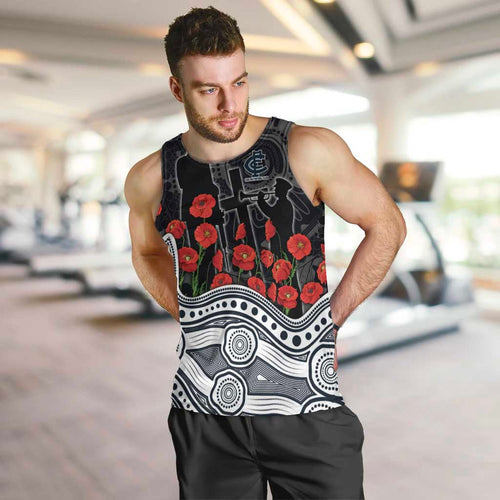 Carlton Blues ANZAC Day Men Tank Top Indigenous Dot Art with Poppy Flower Tribute