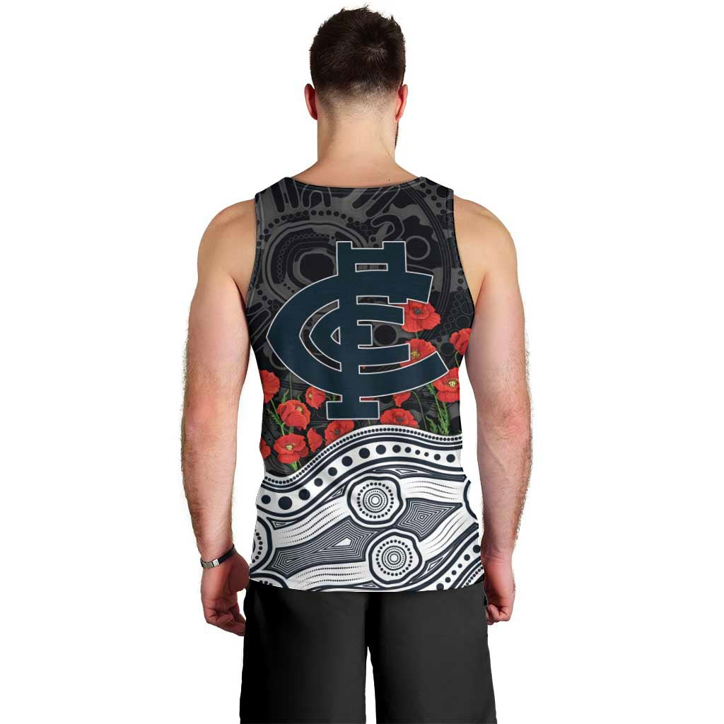Carlton Blues ANZAC Day Men Tank Top Indigenous Dot Art with Poppy Flower Tribute