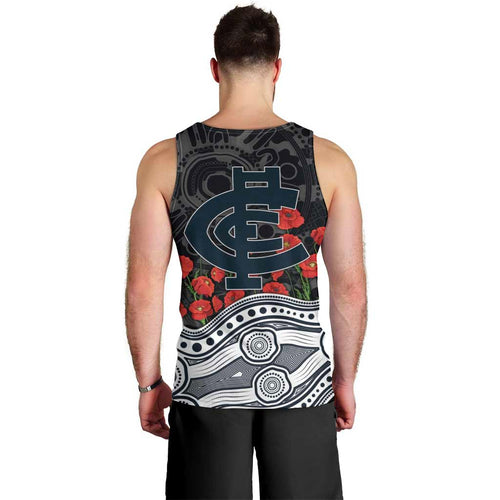 Carlton Blues ANZAC Day Men Tank Top Indigenous Dot Art with Poppy Flower Tribute