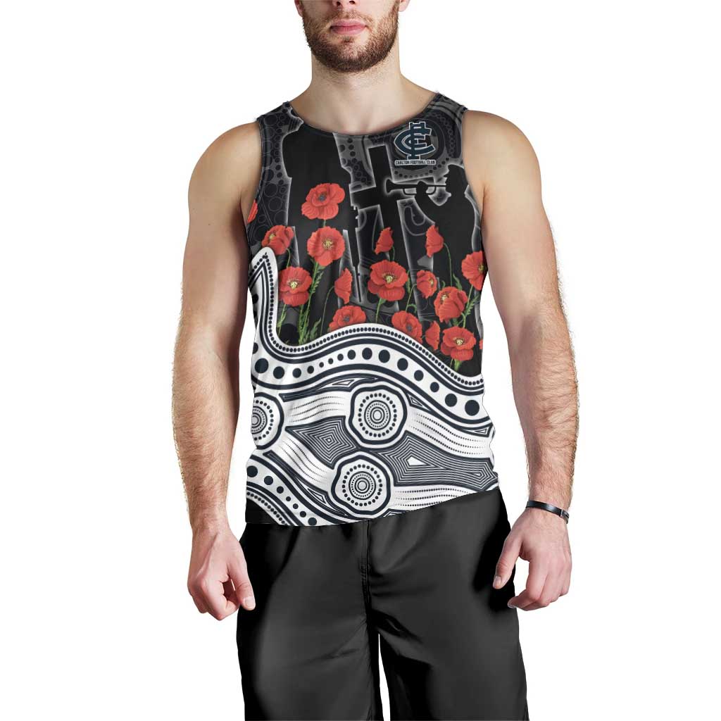 Carlton Blues ANZAC Day Men Tank Top Indigenous Dot Art with Poppy Flower Tribute
