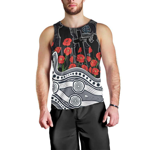 Carlton Blues ANZAC Day Men Tank Top Indigenous Dot Art with Poppy Flower Tribute