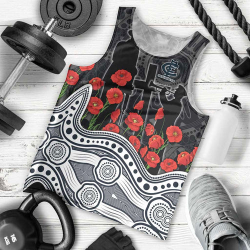 Carlton Blues ANZAC Day Men Tank Top Indigenous Dot Art with Poppy Flower Tribute