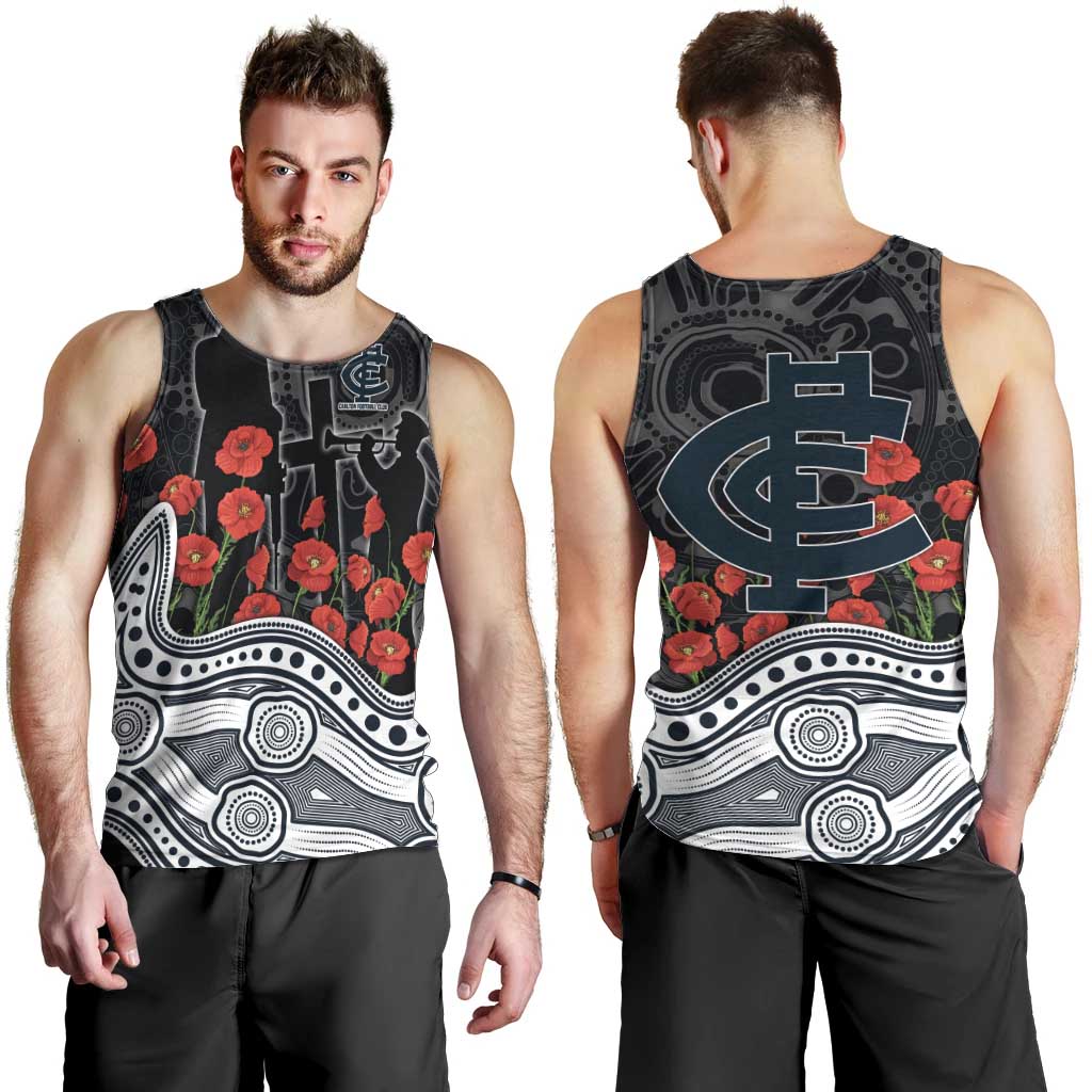 Carlton Blues ANZAC Day Men Tank Top Indigenous Dot Art with Poppy Flower Tribute