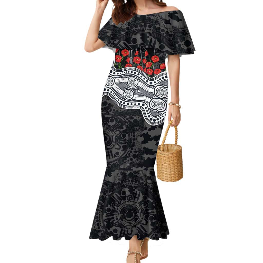 Carlton Blues ANZAC Day Mermaid Dress Indigenous Dot Art with Poppy Flower Tribute