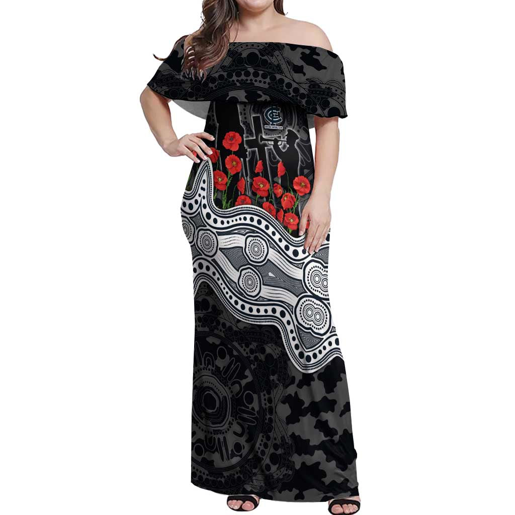 Carlton Blues ANZAC Day Off Shoulder Maxi Dress Indigenous Dot Art with Poppy Flower Tribute