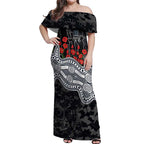Carlton Blues ANZAC Day Off Shoulder Maxi Dress Indigenous Dot Art with Poppy Flower Tribute
