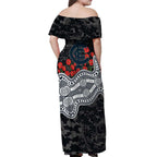 Carlton Blues ANZAC Day Off Shoulder Maxi Dress Indigenous Dot Art with Poppy Flower Tribute