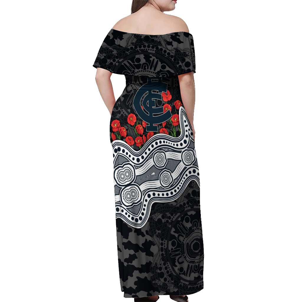 Carlton Blues ANZAC Day Off Shoulder Maxi Dress Indigenous Dot Art with Poppy Flower Tribute