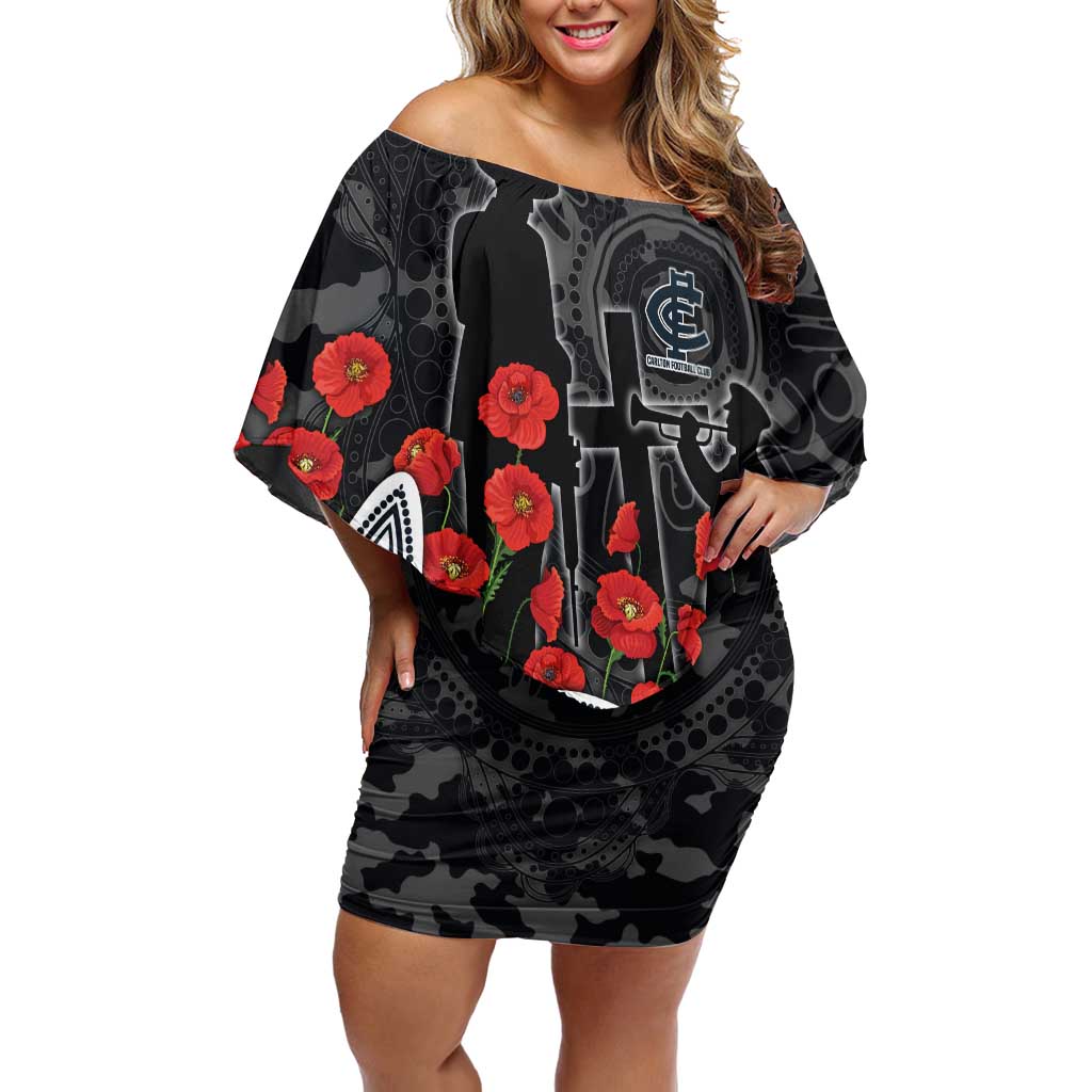 Carlton Blues ANZAC Day Off Shoulder Short Dress Indigenous Dot Art with Poppy Flower Tribute