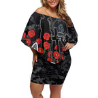 Carlton Blues ANZAC Day Off Shoulder Short Dress Indigenous Dot Art with Poppy Flower Tribute