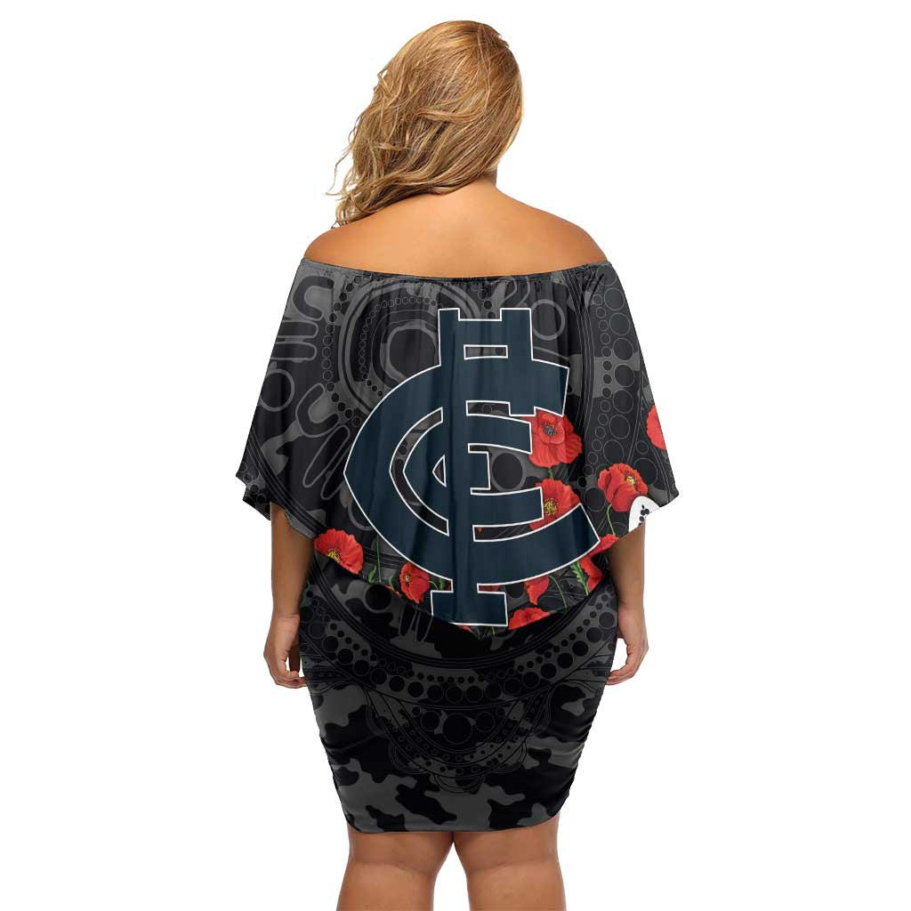Carlton Blues ANZAC Day Off Shoulder Short Dress Indigenous Dot Art with Poppy Flower Tribute