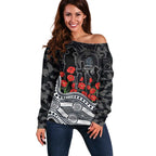 Carlton Blues ANZAC Day Off Shoulder Sweater Indigenous Dot Art with Poppy Flower Tribute