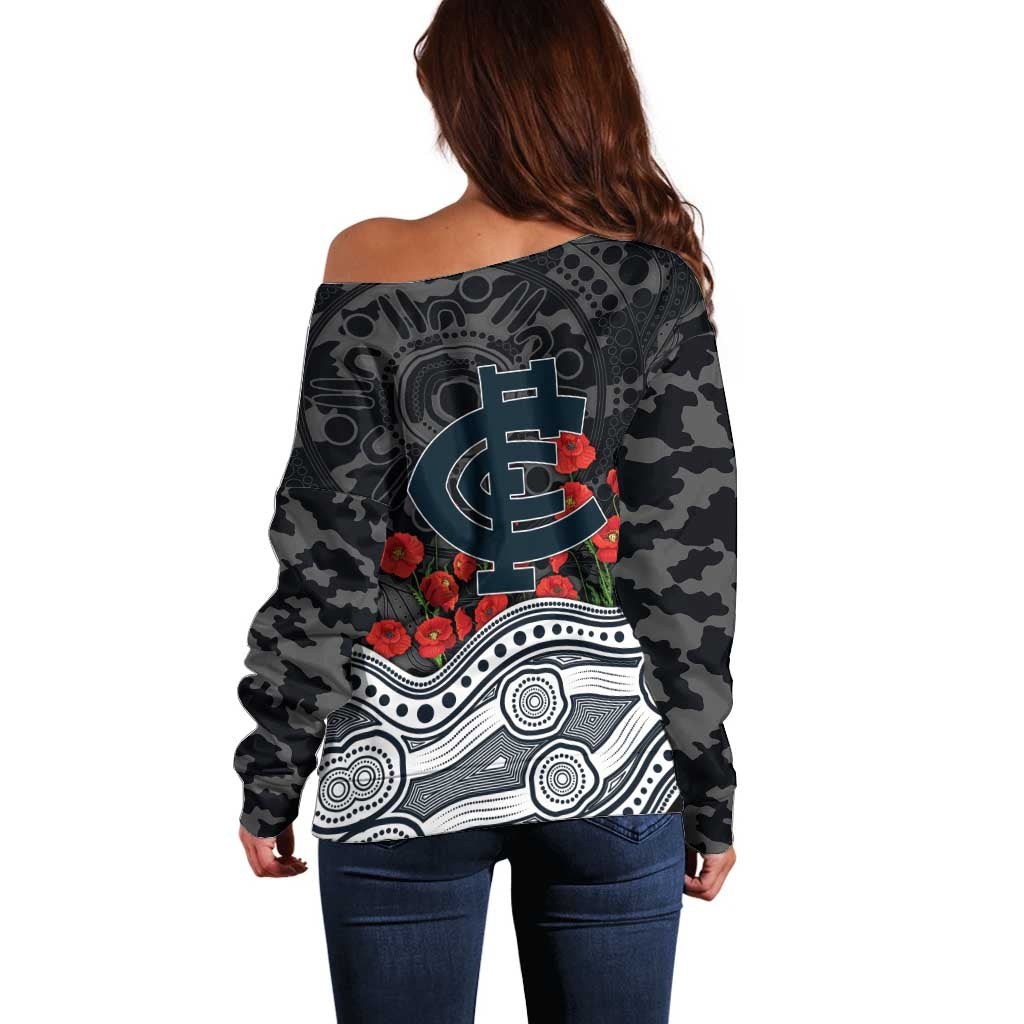 Carlton Blues ANZAC Day Off Shoulder Sweater Indigenous Dot Art with Poppy Flower Tribute